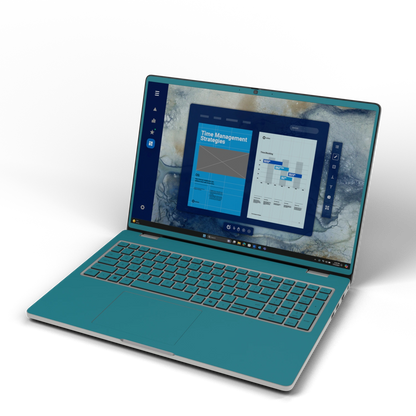 Front three-quarter view of Tropical Teal Hibiscus synthetic leather skin, rendered on Dell Pro 16 (PC16250) as a model reference.