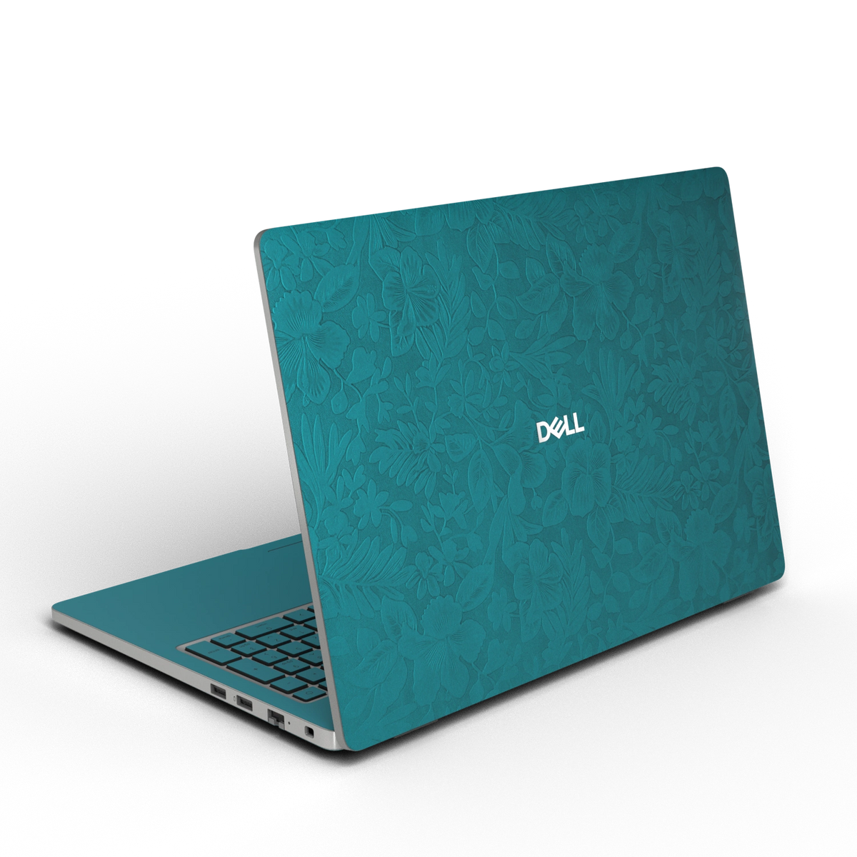 Rear three-quarter view of Tropical Teal Hibiscus synthetic leather skin, rendered on Dell Pro 16 (PC16250) as a model reference.