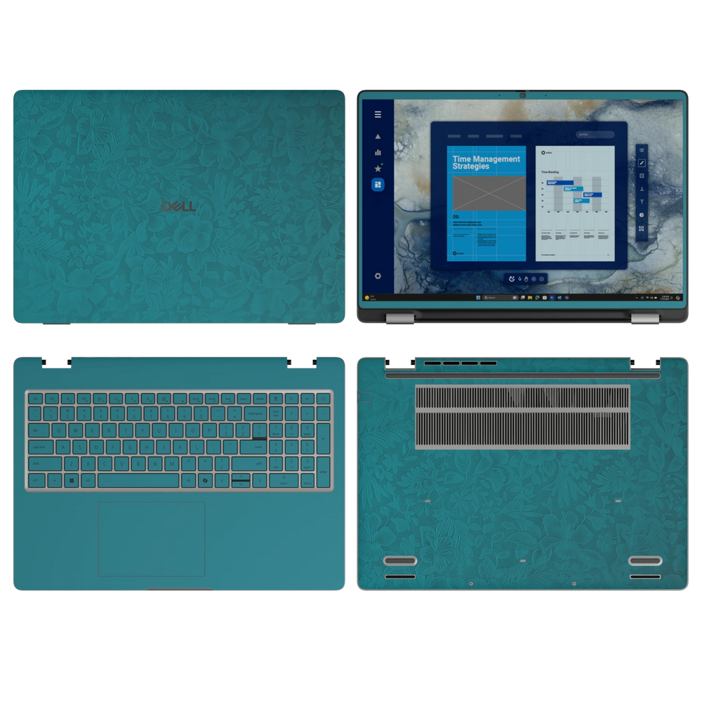 Tropical Teal Hibiscus synthetic leather skin a+b+c+d coverage layout: top lid, screen bezel, inside and bottom, rendered for Dell Pro 16 (PC16250); exact pieces follow the selected coverage.