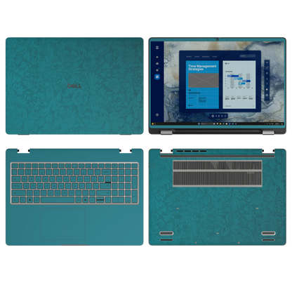 Tropical Teal Hibiscus synthetic leather skin a+b+c+d coverage layout: top lid, screen bezel, inside and bottom, rendered for Dell Pro 16 (PC16250); exact pieces follow the selected coverage.