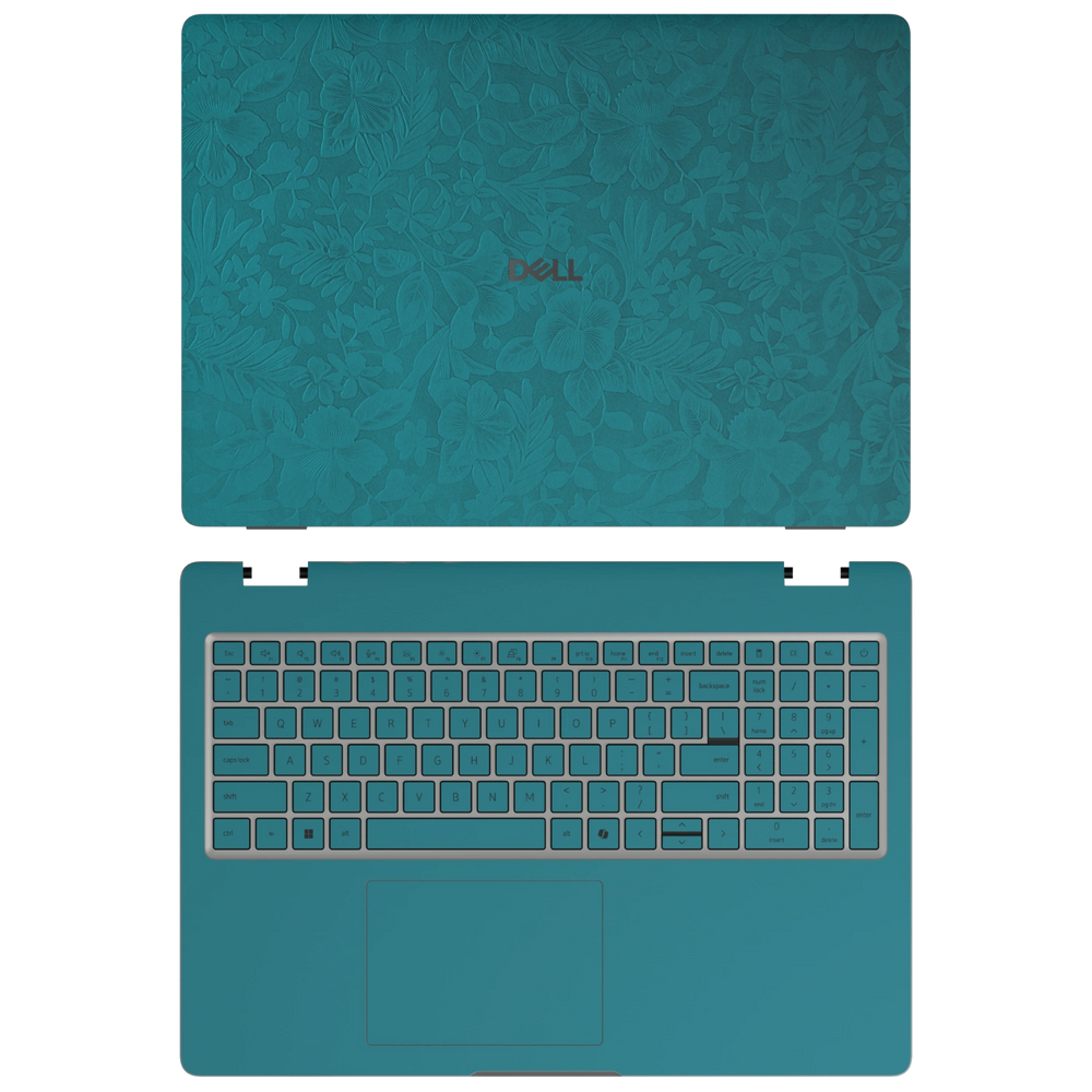 Tropical Teal Hibiscus synthetic leather skin a+c coverage layout: top lid and inside, rendered for Dell Pro 16 (PC16250); exact pieces follow the selected coverage.