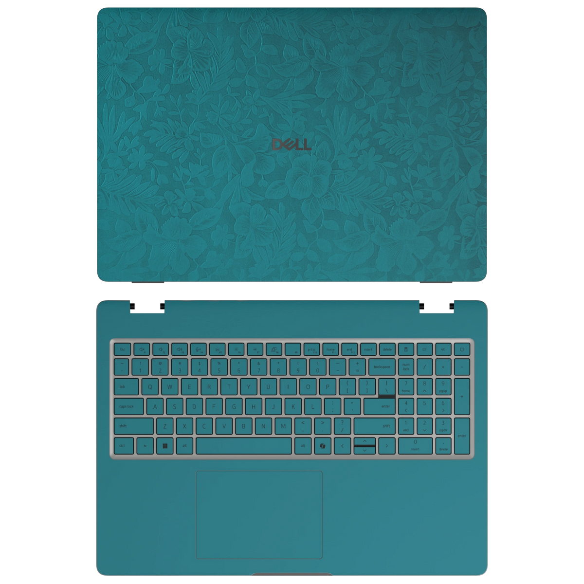 Tropical Teal Hibiscus synthetic leather skin a+c coverage layout: top lid and inside, rendered for Dell Pro 16 (PC16250); exact pieces follow the selected coverage.
