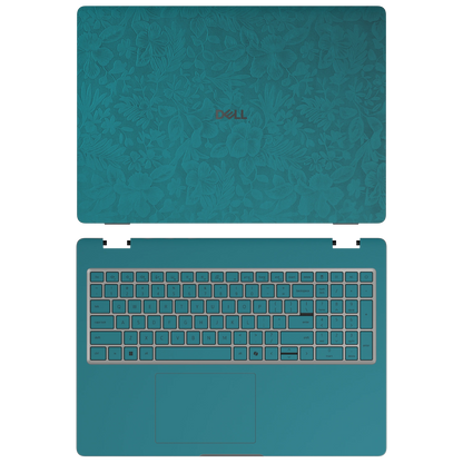 Tropical Teal Hibiscus synthetic leather skin a+c coverage layout: top lid and inside, rendered for Dell Pro 16 (PC16250); exact pieces follow the selected coverage.