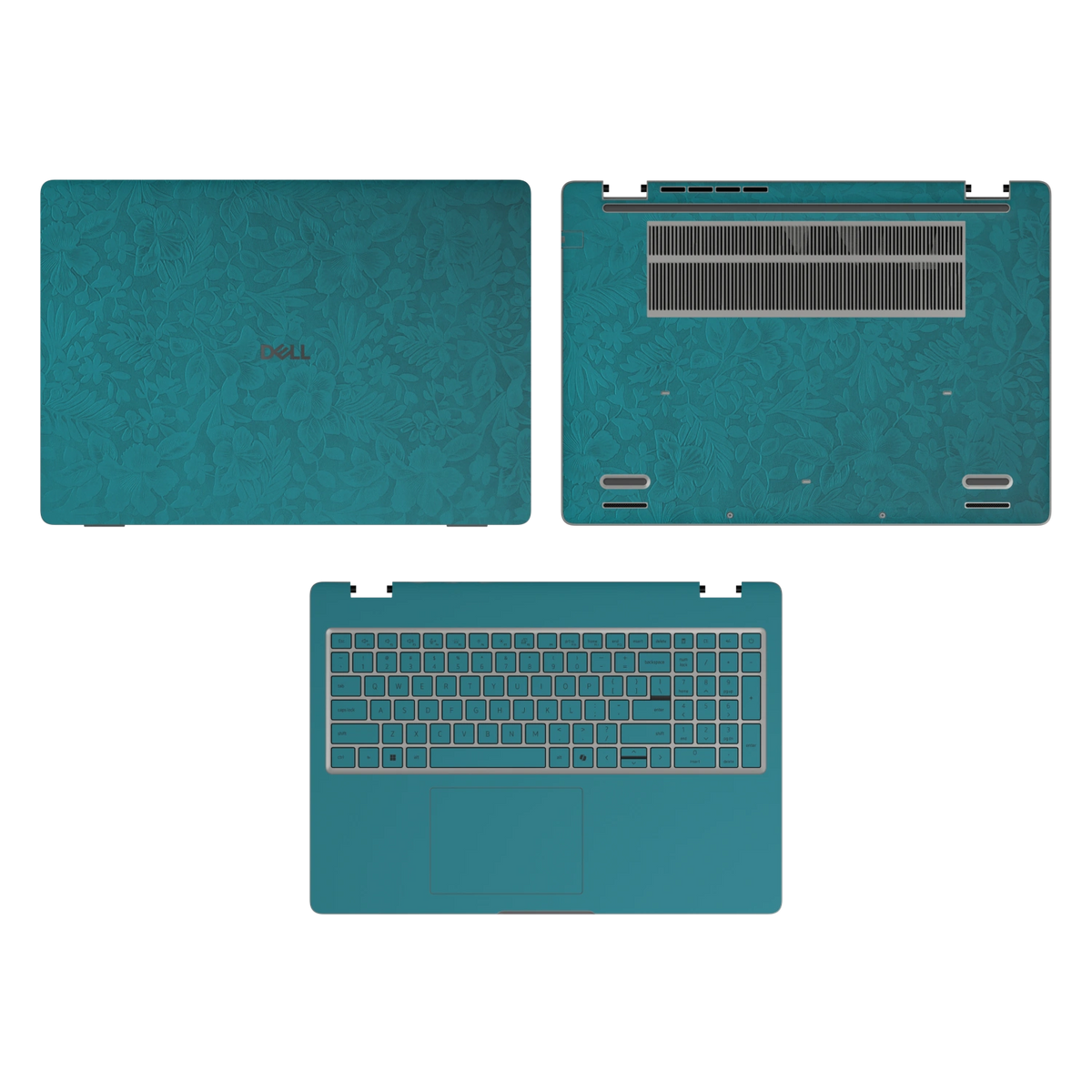 Tropical Teal Hibiscus synthetic leather skin a+c+d coverage layout: top lid, inside and bottom, rendered for Dell Pro 16 (PC16250); exact pieces follow the selected coverage.