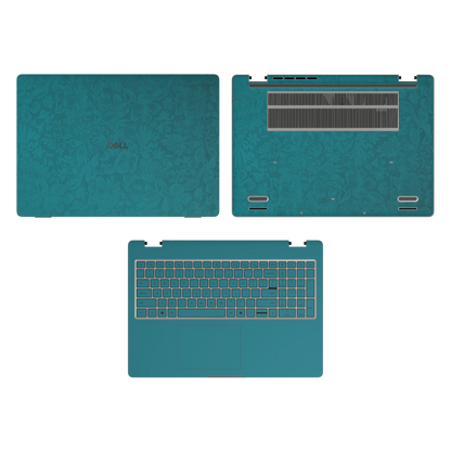 Tropical Teal Hibiscus synthetic leather skin a+c+d coverage layout: top lid, inside and bottom, rendered for Dell Pro 16 (PC16250); exact pieces follow the selected coverage.