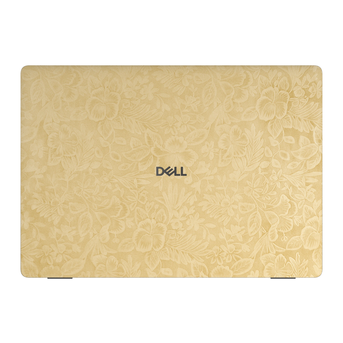 Top lid view of Vintage Gold Hibiscus synthetic leather skin, rendered on Dell Pro 16 (PC16250) as a model reference.