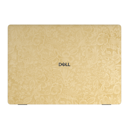 Top lid view of Vintage Gold Hibiscus synthetic leather skin, rendered on Dell Pro 16 (PC16250) as a model reference.