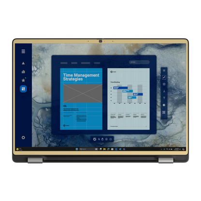 Screen bezel view of Vintage Gold Hibiscus synthetic leather skin, rendered on Dell Pro 16 (PC16250) as a model reference.