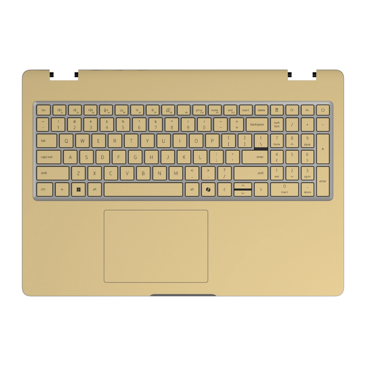 Keyboard deck and palm rest view of Vintage Gold Hibiscus synthetic leather skin, rendered on Dell Pro 16 (PC16250) as a model reference.