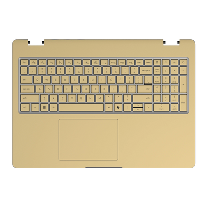 Keyboard deck and palm rest view of Vintage Gold Hibiscus synthetic leather skin, rendered on Dell Pro 16 (PC16250) as a model reference.