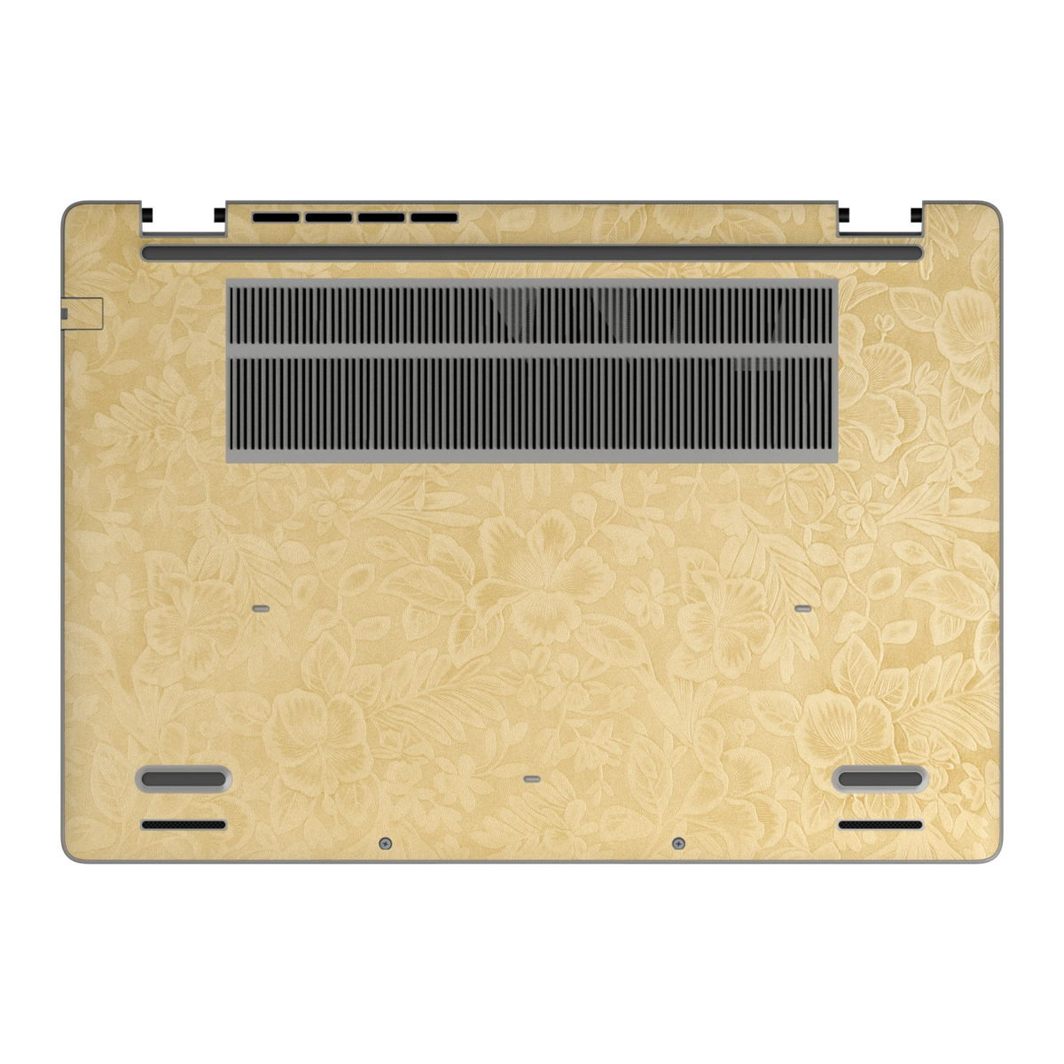 Bottom view of Vintage Gold Hibiscus synthetic leather skin, rendered on Dell Pro 16 (PC16250) as a model reference.