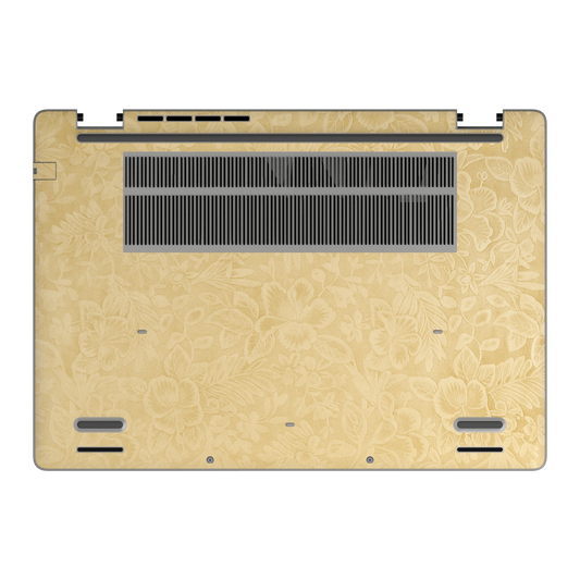 Bottom view of Vintage Gold Hibiscus synthetic leather skin, rendered on Dell Pro 16 (PC16250) as a model reference.