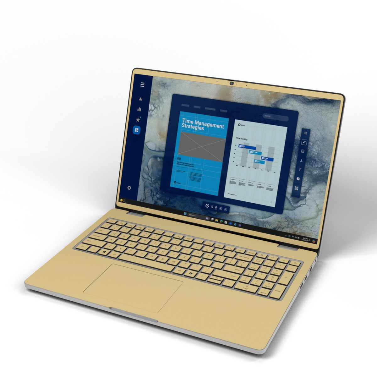 Front three-quarter view of Vintage Gold Hibiscus synthetic leather skin, rendered on Dell Pro 16 (PC16250) as a model reference.
