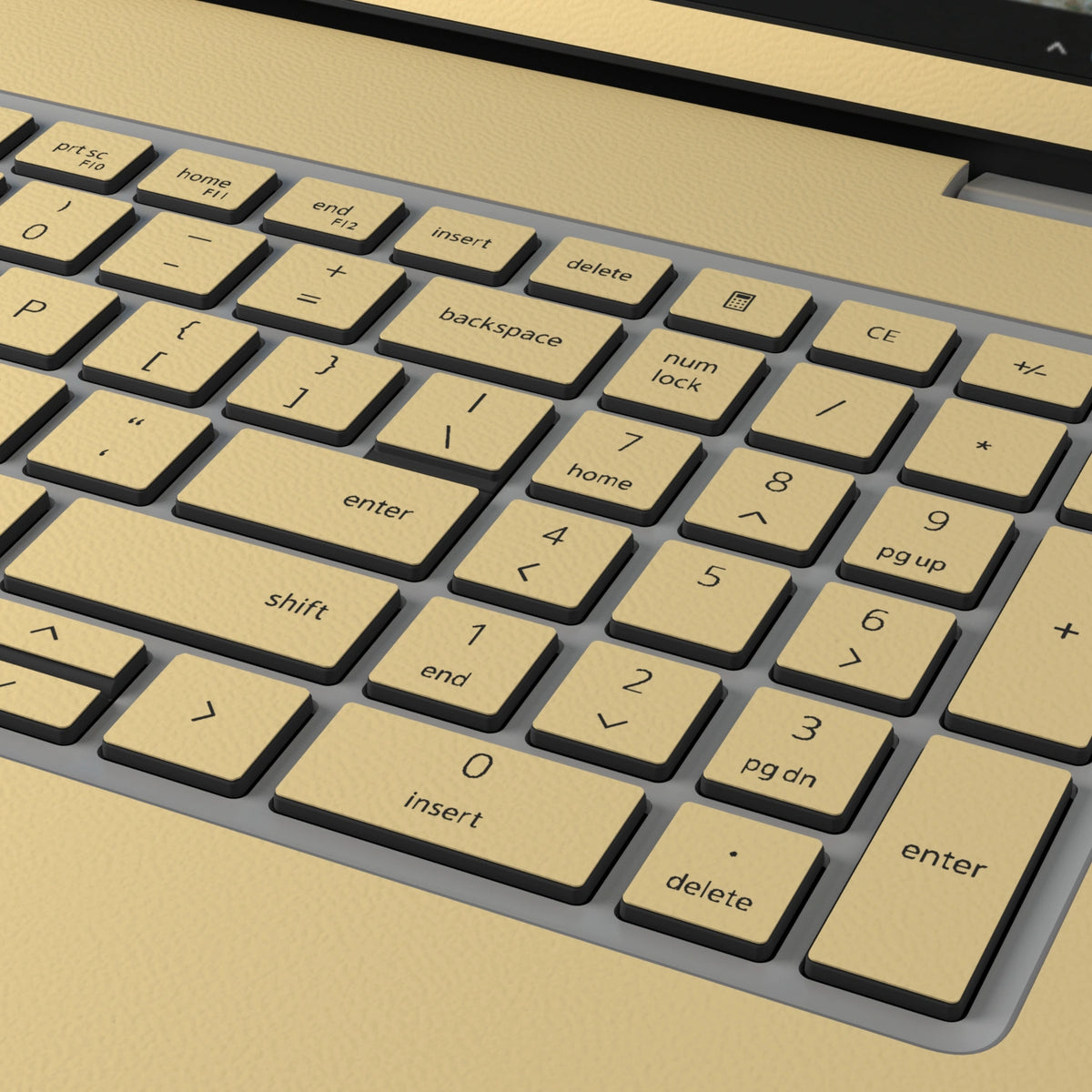 Keycap and leather-texture close-up of Vintage Gold Hibiscus synthetic leather skin, rendered on Dell Pro 16 (PC16250) as a model reference.