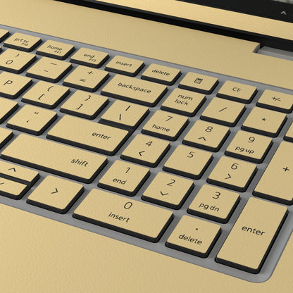 Keycap and leather-texture close-up of Vintage Gold Hibiscus synthetic leather skin, rendered on Dell Pro 16 (PC16250) as a model reference.