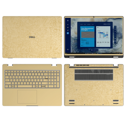Vintage Gold Hibiscus synthetic leather skin a+b+c+d coverage layout: top lid, screen bezel, inside and bottom, rendered for Dell Pro 16 (PC16250); exact pieces follow the selected coverage.