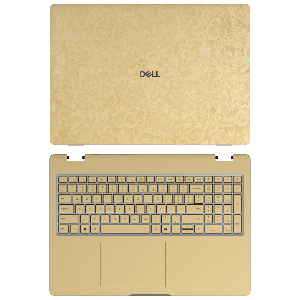 Vintage Gold Hibiscus synthetic leather skin a+c coverage layout: top lid and inside, rendered for Dell Pro 16 (PC16250); exact pieces follow the selected coverage.