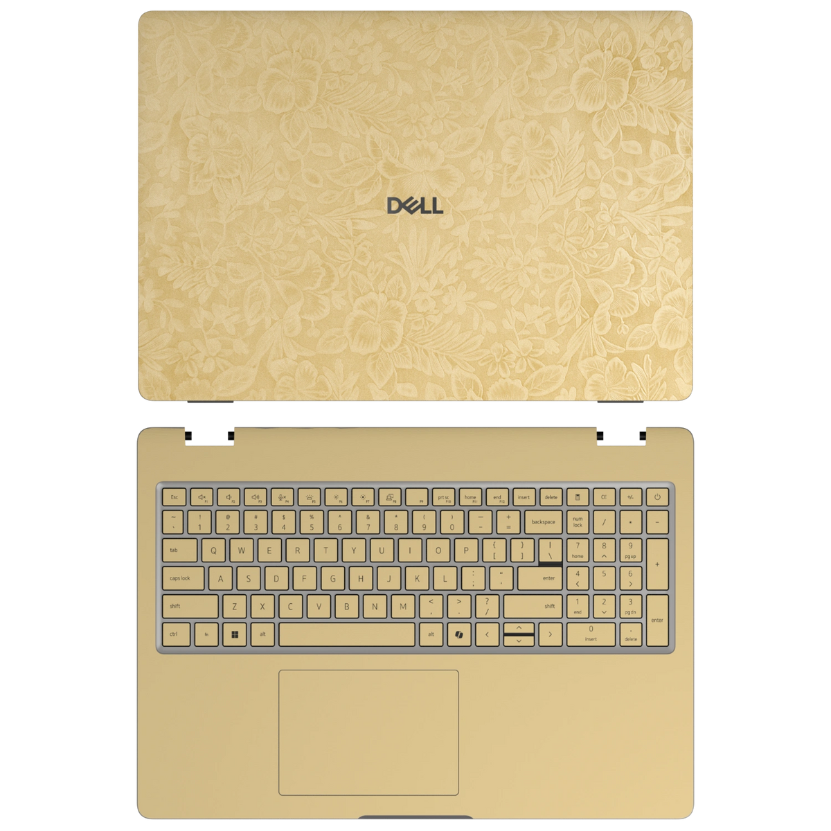 Vintage Gold Hibiscus synthetic leather skin a+c coverage layout: top lid and inside, rendered for Dell Pro 16 (PC16250); exact pieces follow the selected coverage.