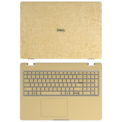 Vintage Gold Hibiscus synthetic leather skin a+c coverage layout: top lid and inside, rendered for Dell Pro 16 (PC16250); exact pieces follow the selected coverage.
