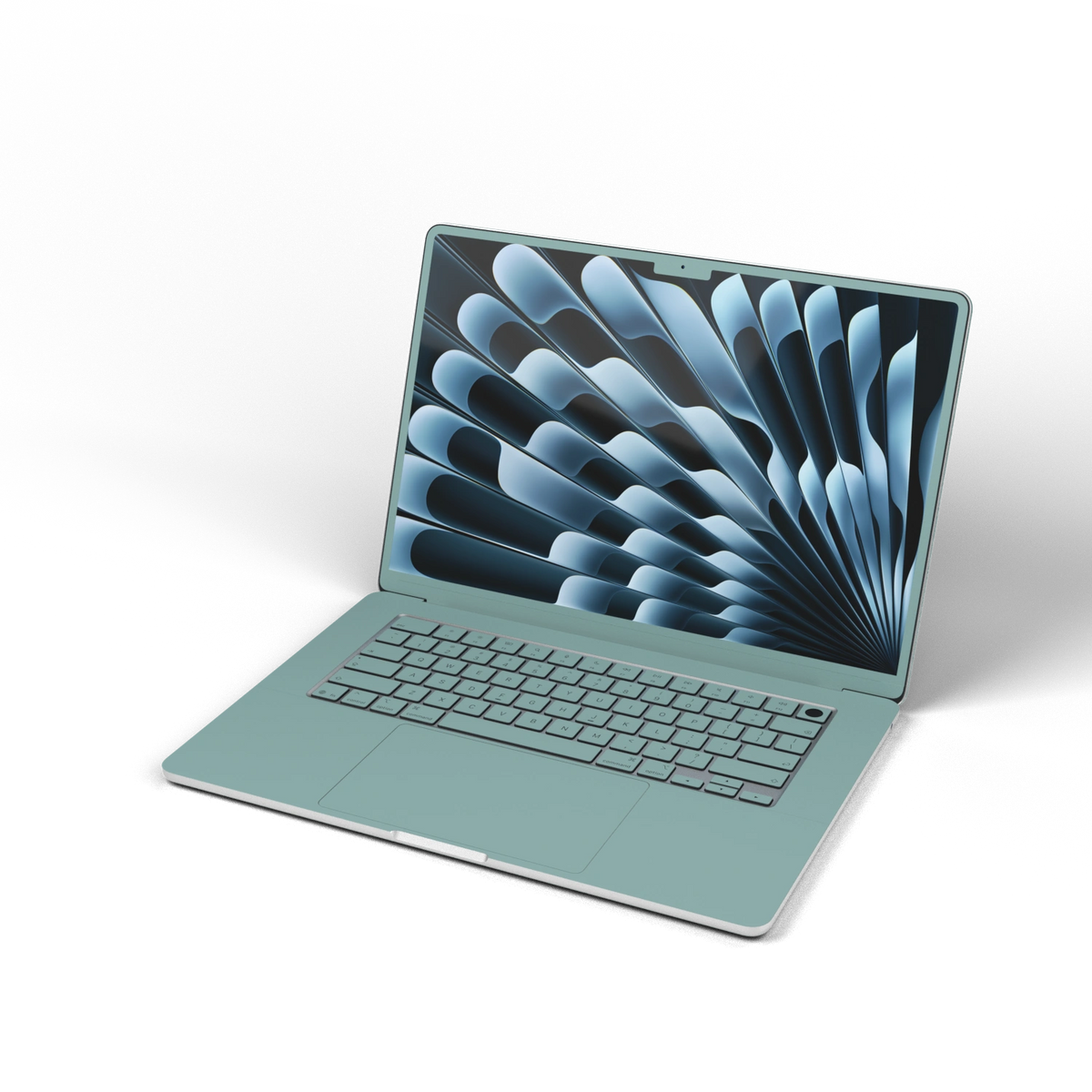 天青竹涛 Hibiscus MacBook skin. Front installation effect illustration. MacBook Air 15.3 M3-M5 render used as a shared material and installation illustration; actual cutouts and included pieces follow the selected model and Coverage. Device not included.