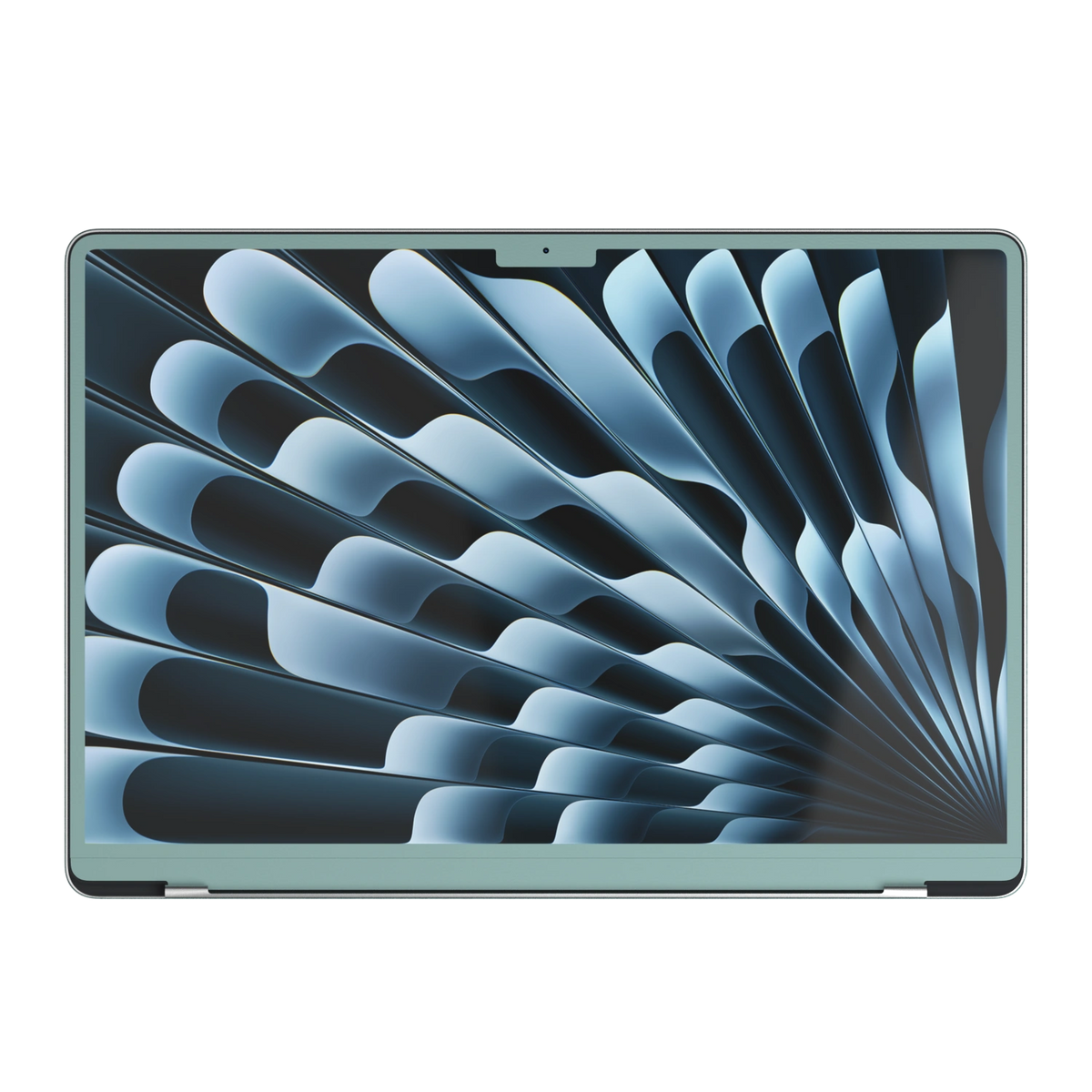 天青竹涛 Hibiscus MacBook skin. B screen-edge reference illustration; availability depends on selected model. MacBook Air 15.3 M3-M5 render used as a shared material and installation illustration; actual cutouts and included pieces follow the selected model and Coverage. Device not included.