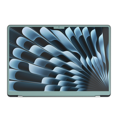 天青竹涛 Hibiscus MacBook skin. B screen-edge reference illustration; availability depends on selected model. MacBook Air 15.3 M3-M5 render used as a shared material and installation illustration; actual cutouts and included pieces follow the selected model and Coverage. Device not included.
