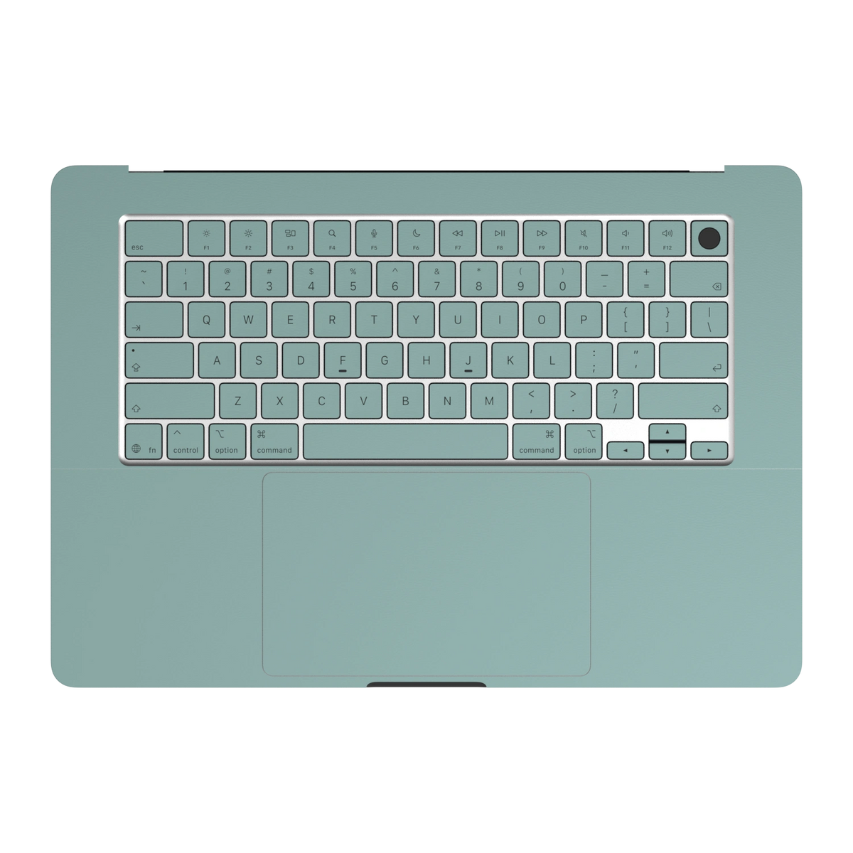 天青竹涛 Hibiscus MacBook skin. C inside palmrest and keycap material illustration. MacBook Air 15.3 M3-M5 render used as a shared material and installation illustration; actual cutouts and included pieces follow the selected model and Coverage. Device not included.