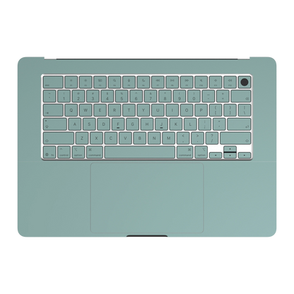 天青竹涛 Hibiscus MacBook skin. C inside palmrest and keycap material illustration. MacBook Air 15.3 M3-M5 render used as a shared material and installation illustration; actual cutouts and included pieces follow the selected model and Coverage. Device not included.