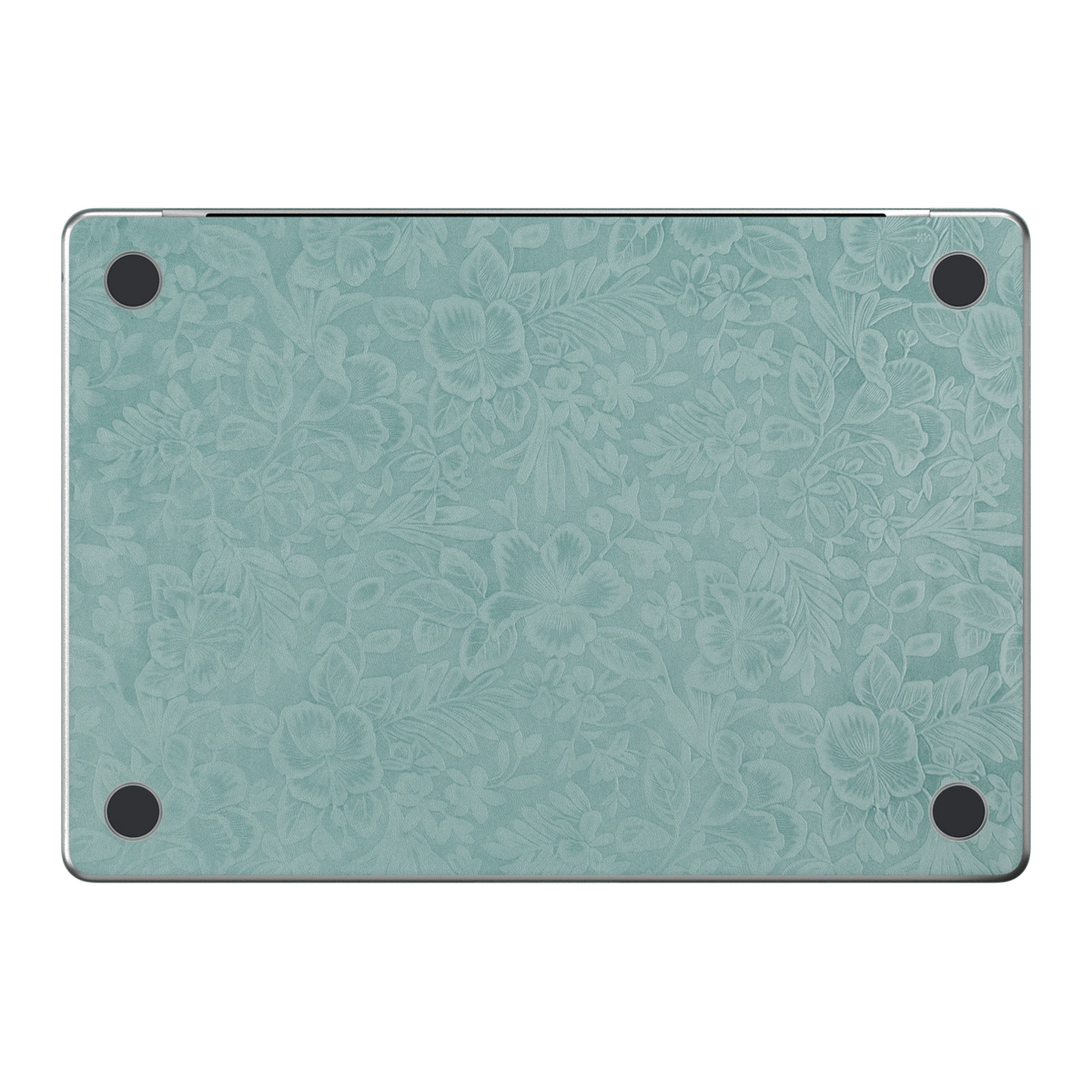 天青竹涛 Hibiscus MacBook skin. D bottom material and colour illustration. MacBook Air 15.3 M3-M5 render used as a shared material and installation illustration; actual cutouts and included pieces follow the selected model and Coverage. Device not included.