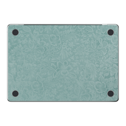 天青竹涛 Hibiscus MacBook skin. D bottom material and colour illustration. MacBook Air 15.3 M3-M5 render used as a shared material and installation illustration; actual cutouts and included pieces follow the selected model and Coverage. Device not included.
