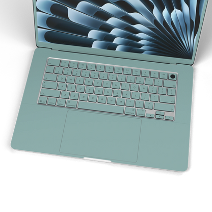 天青竹涛 Hibiscus MacBook skin. Keyboard and inside material illustration. MacBook Air 15.3 M3-M5 render used as a shared material and installation illustration; actual cutouts and included pieces follow the selected model and Coverage. Device not included.