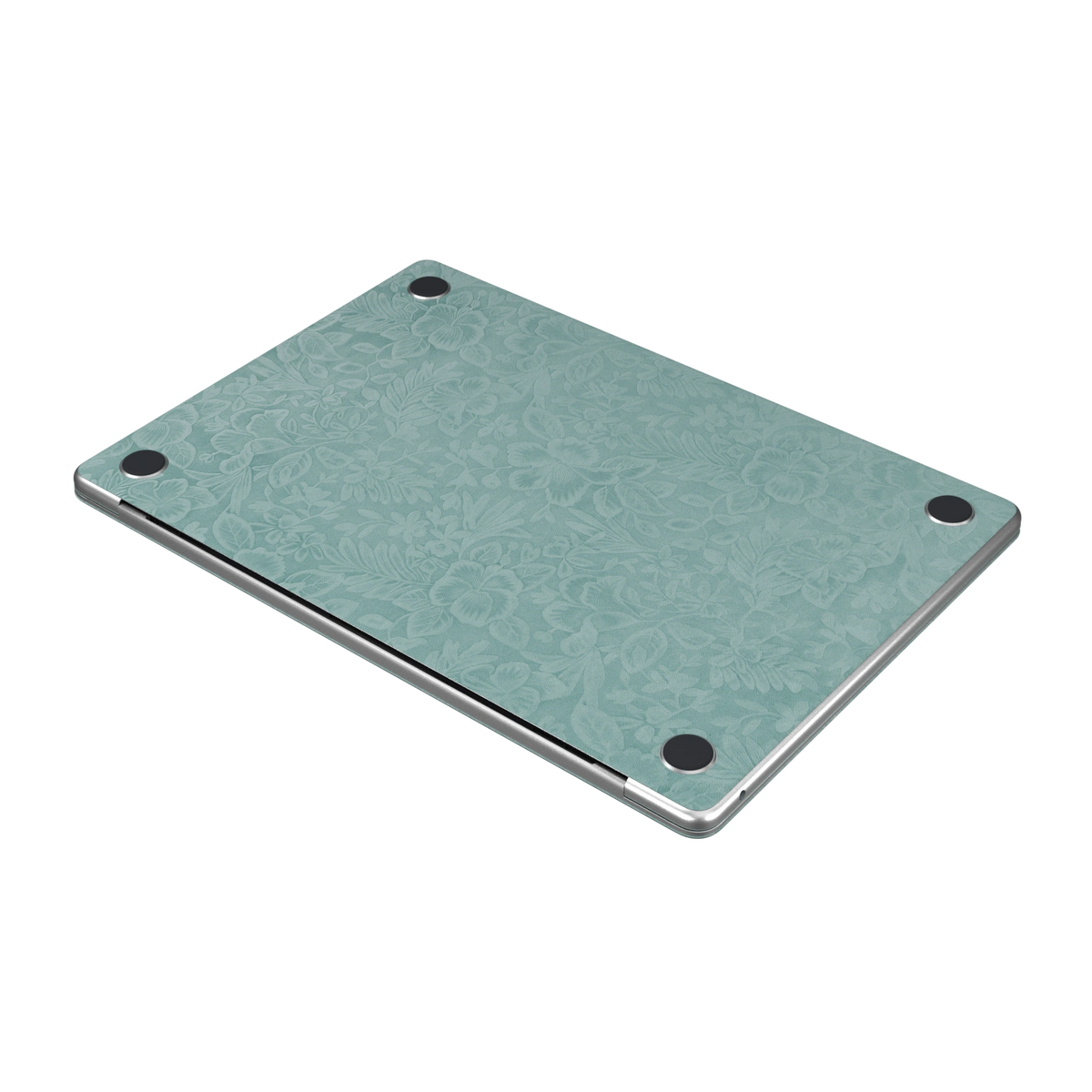 天青竹涛 Hibiscus MacBook skin. D bottom layout illustration. MacBook Air 15.3 M3-M5 render used as a shared material and installation illustration; actual cutouts and included pieces follow the selected model and Coverage. Device not included.