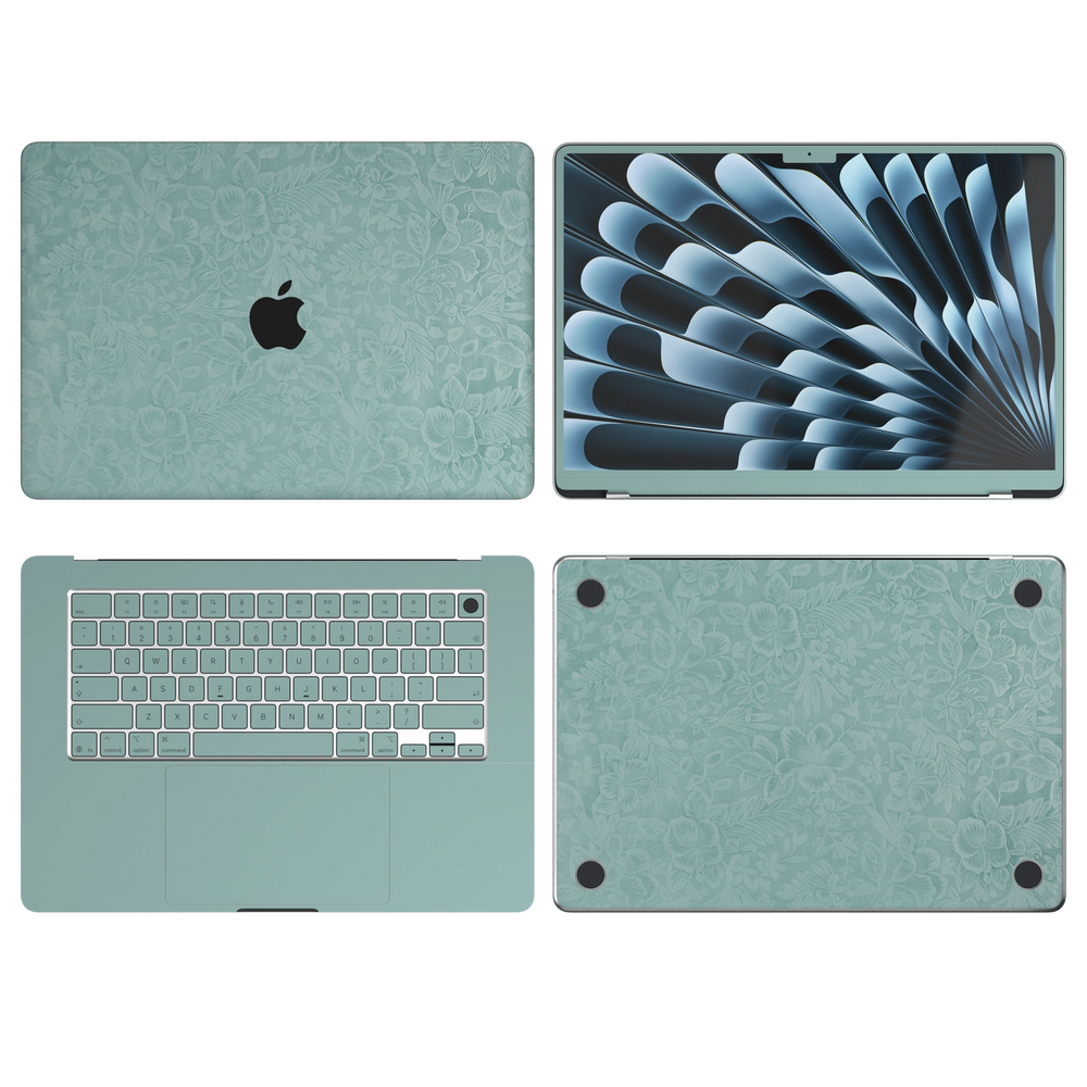 天青竹涛 Hibiscus MacBook skin ABCD coverage diagram. Shared material and installation illustration rendered on MacBook Air 15.3 M3-M5; actual cutouts follow the selected model. A lid, B screen edge, C inside and D bottom; unavailable for Air 13.6/15 M3-M5. Device not included.