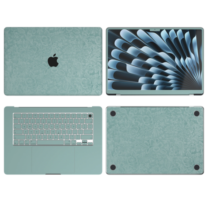 天青竹涛 Hibiscus MacBook skin ABCD coverage diagram. Shared material and installation illustration rendered on MacBook Air 15.3 M3-M5; actual cutouts follow the selected model. A lid, B screen edge, C inside and D bottom; unavailable for Air 13.6/15 M3-M5. Device not included.