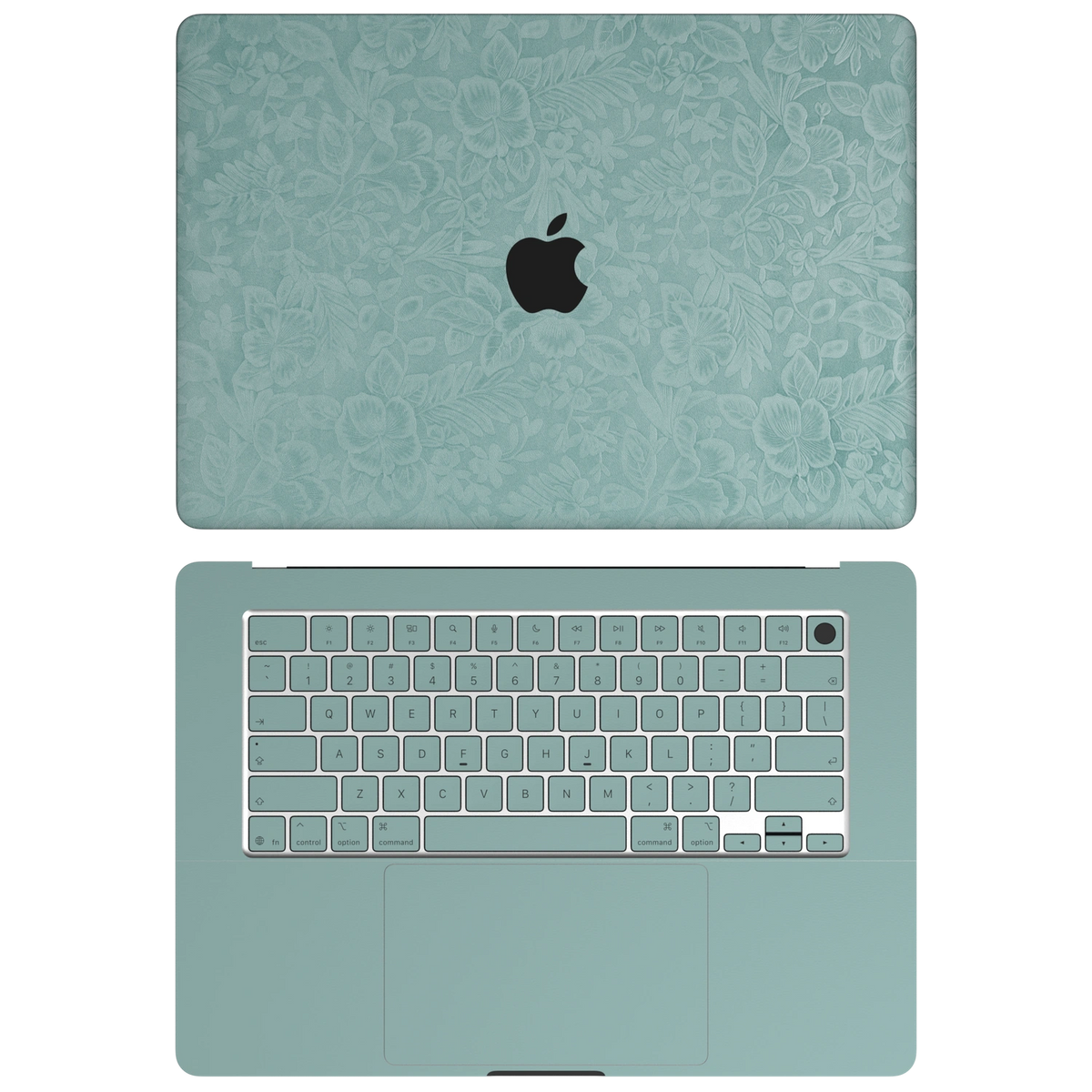 天青竹涛 Hibiscus MacBook skin AC coverage diagram. Shared material and installation illustration rendered on MacBook Air 15.3 M3-M5; actual cutouts follow the selected model. A lid and C inside; no B screen edge or D bottom. Device not included.