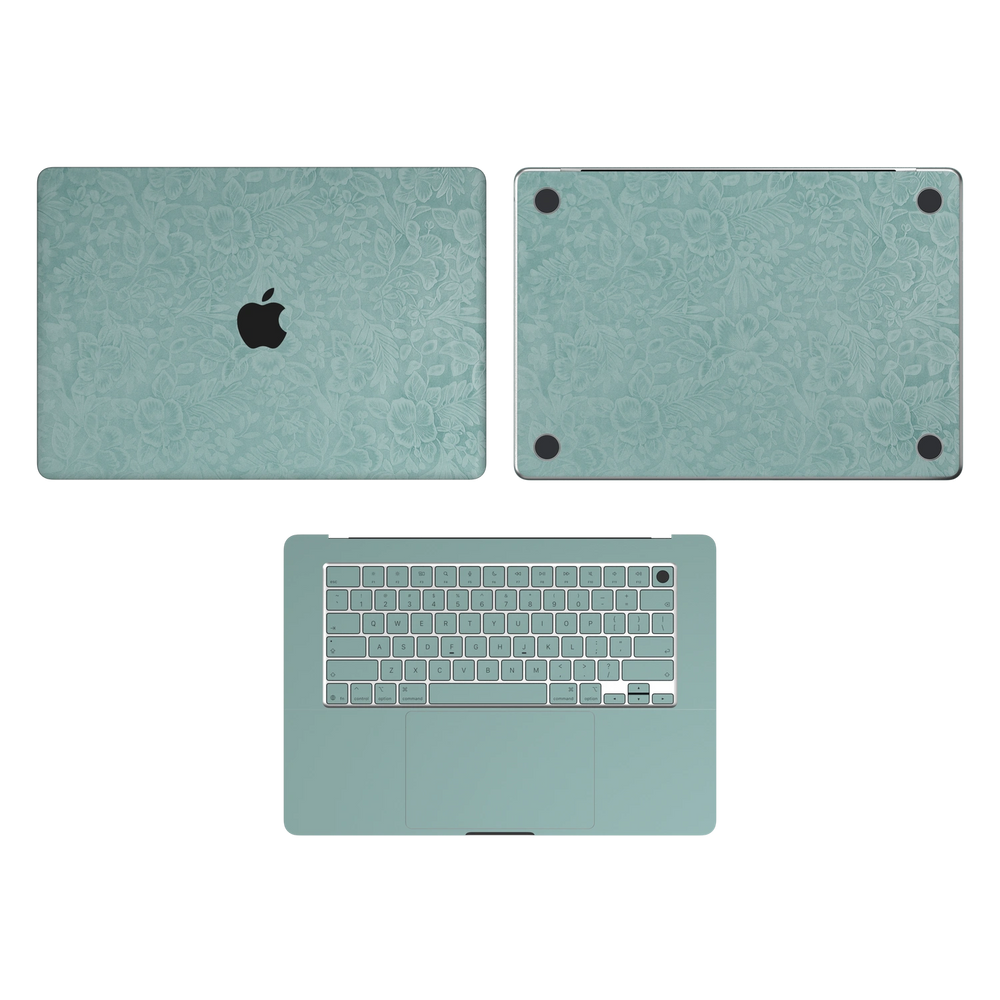 天青竹涛 Hibiscus MacBook skin ACD coverage diagram. Shared material and installation illustration rendered on MacBook Air 15.3 M3-M5; actual cutouts follow the selected model. A lid, C inside and D bottom; no B screen edge. Device not included.