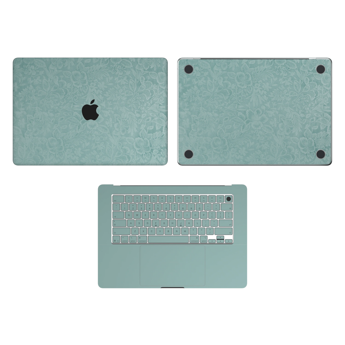 天青竹涛 Hibiscus MacBook skin ACD coverage diagram. Shared material and installation illustration rendered on MacBook Air 15.3 M3-M5; actual cutouts follow the selected model. A lid, C inside and D bottom; no B screen edge. Device not included.