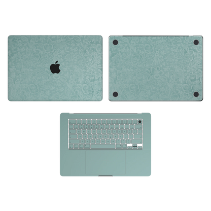 天青竹涛 Hibiscus MacBook skin ACD coverage diagram. Shared material and installation illustration rendered on MacBook Air 15.3 M3-M5; actual cutouts follow the selected model. A lid, C inside and D bottom; no B screen edge. Device not included.