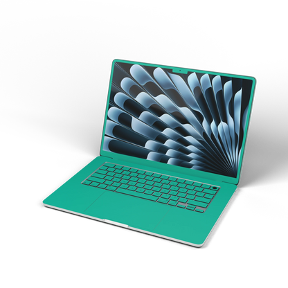 西湖苍兰 Hibiscus MacBook skin. Front installation effect illustration. MacBook Air 15.3 M3-M5 render used as a shared material and installation illustration; actual cutouts and included pieces follow the selected model and Coverage. Device not included.