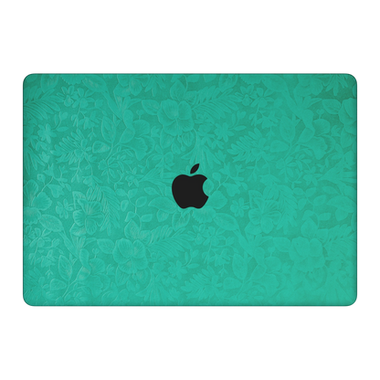 西湖苍兰 Hibiscus MacBook skin. A lid material and colour illustration. MacBook Air 15.3 M3-M5 render used as a shared material and installation illustration; actual cutouts and included pieces follow the selected model and Coverage. Device not included.