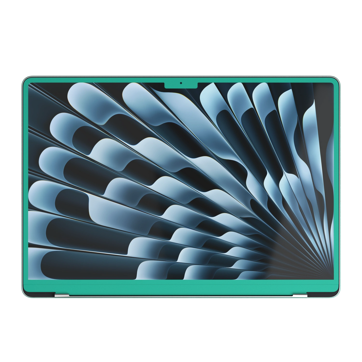 西湖苍兰 Hibiscus MacBook skin. B screen-edge reference illustration; availability depends on selected model. MacBook Air 15.3 M3-M5 render used as a shared material and installation illustration; actual cutouts and included pieces follow the selected model and Coverage. Device not included.