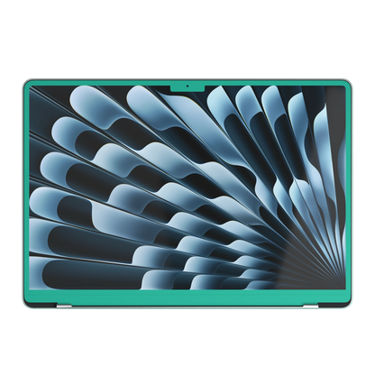 西湖苍兰 Hibiscus MacBook skin. B screen-edge reference illustration; availability depends on selected model. MacBook Air 15.3 M3-M5 render used as a shared material and installation illustration; actual cutouts and included pieces follow the selected model and Coverage. Device not included.