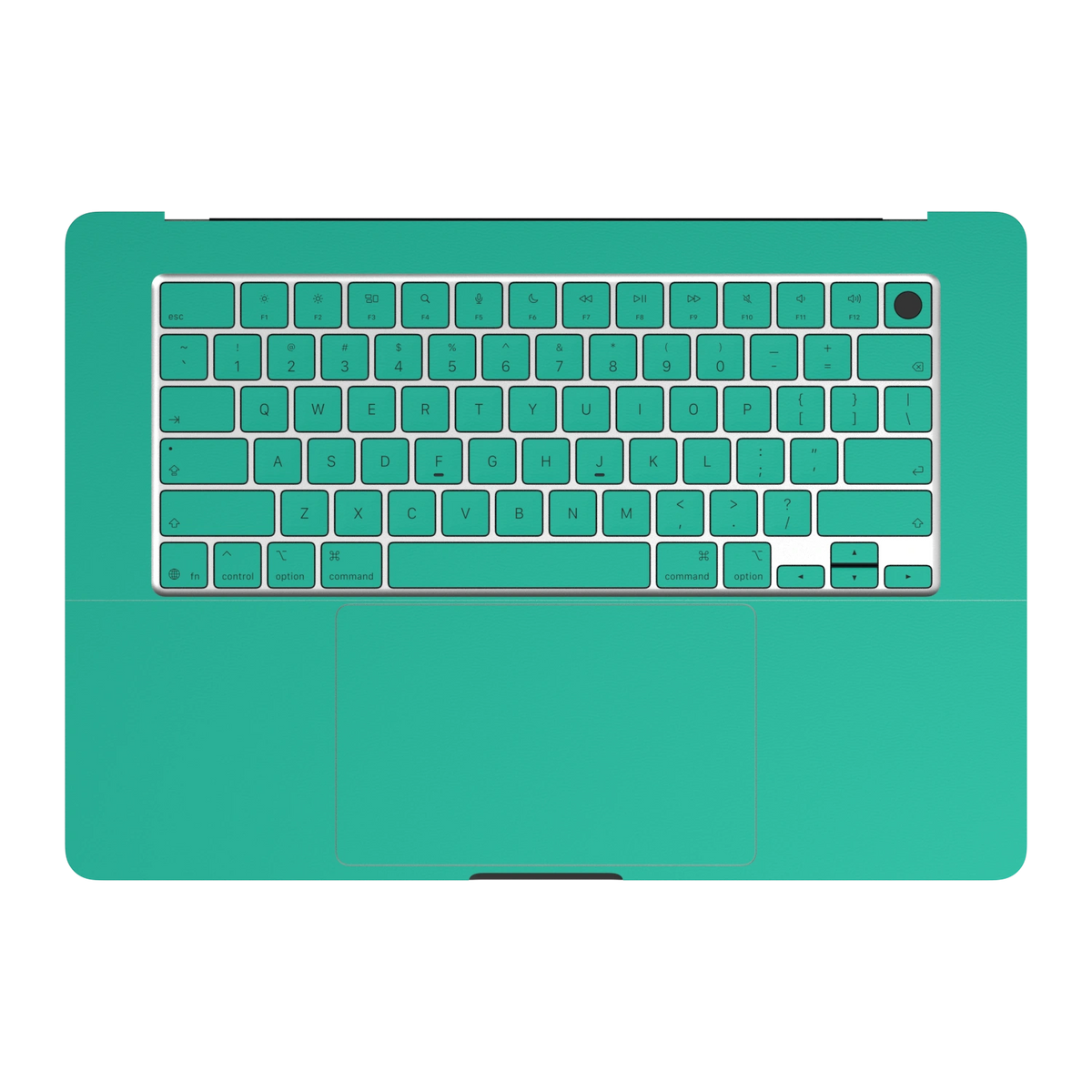 西湖苍兰 Hibiscus MacBook skin. C inside palmrest and keycap material illustration. MacBook Air 15.3 M3-M5 render used as a shared material and installation illustration; actual cutouts and included pieces follow the selected model and Coverage. Device not included.
