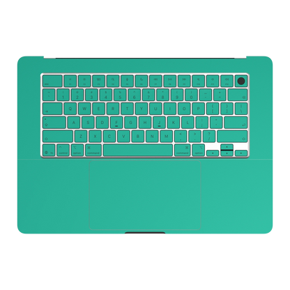 西湖苍兰 Hibiscus MacBook skin. C inside palmrest and keycap material illustration. MacBook Air 15.3 M3-M5 render used as a shared material and installation illustration; actual cutouts and included pieces follow the selected model and Coverage. Device not included.
