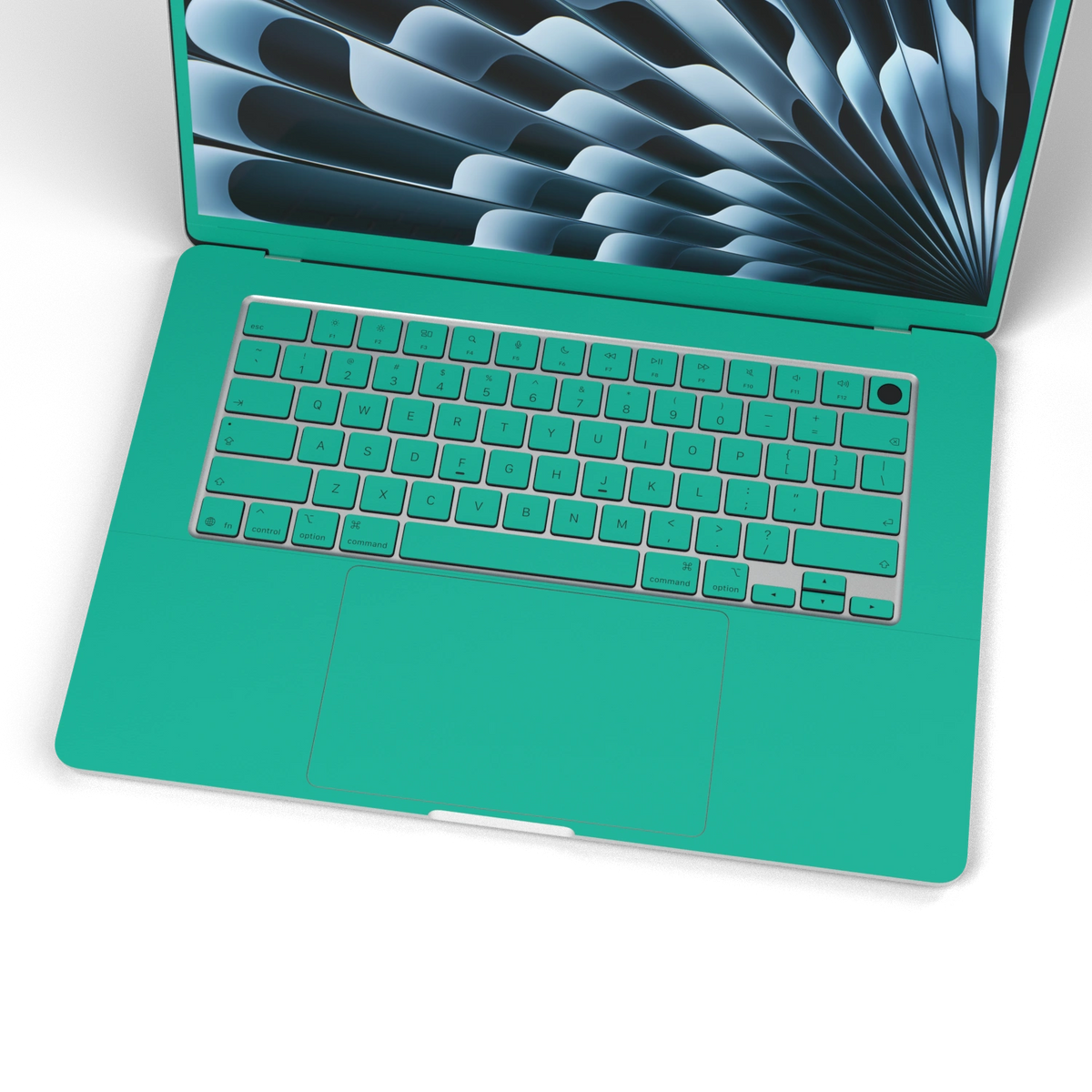 西湖苍兰 Hibiscus MacBook skin. Keyboard and inside material illustration. MacBook Air 15.3 M3-M5 render used as a shared material and installation illustration; actual cutouts and included pieces follow the selected model and Coverage. Device not included.