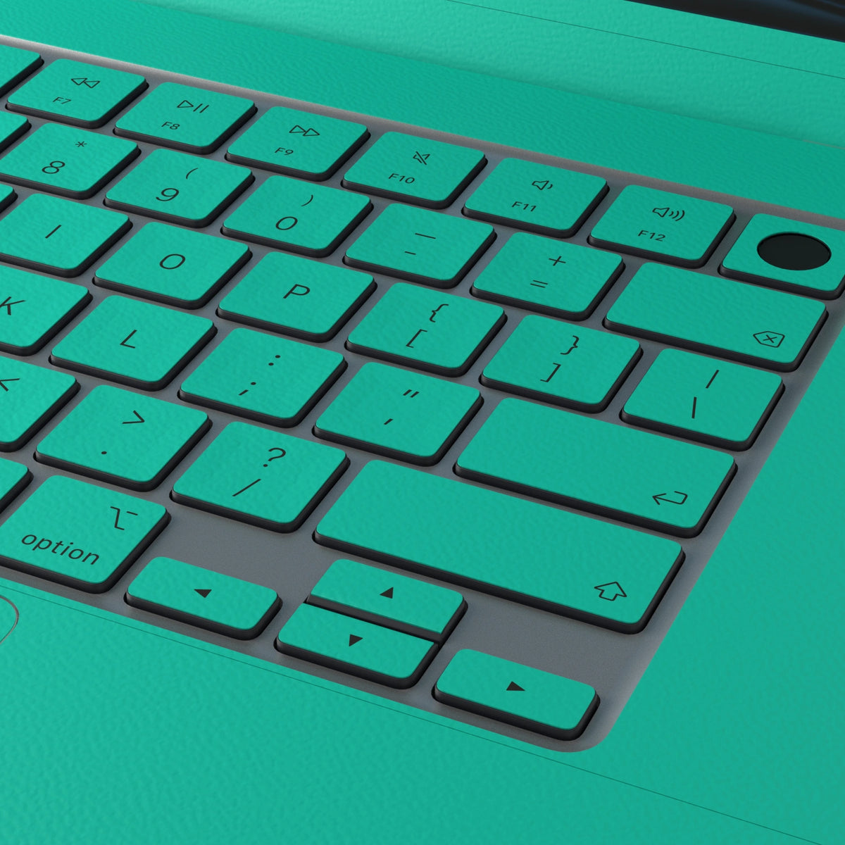 西湖苍兰 Hibiscus MacBook skin. Full-frame embossed material and keyboard detail. MacBook Air 15.3 M3-M5 render used as a shared material and installation illustration; actual cutouts and included pieces follow the selected model and Coverage. Device not included.