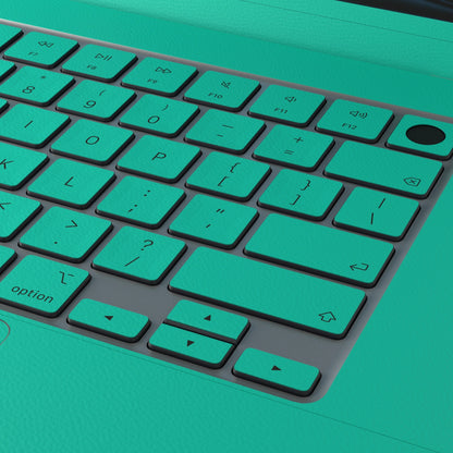 西湖苍兰 Hibiscus MacBook skin. Full-frame embossed material and keyboard detail. MacBook Air 15.3 M3-M5 render used as a shared material and installation illustration; actual cutouts and included pieces follow the selected model and Coverage. Device not included.