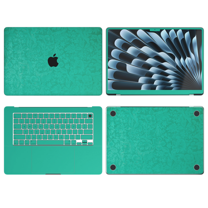 西湖苍兰 Hibiscus MacBook skin ABCD coverage diagram. Shared material and installation illustration rendered on MacBook Air 15.3 M3-M5; actual cutouts follow the selected model. A lid, B screen edge, C inside and D bottom; unavailable for Air 13.6/15 M3-M5. Device not included.