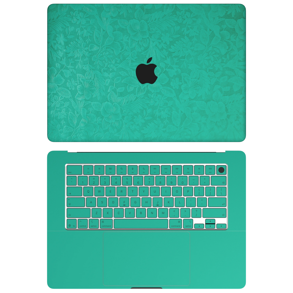 西湖苍兰 Hibiscus MacBook skin AC coverage diagram. Shared material and installation illustration rendered on MacBook Air 15.3 M3-M5; actual cutouts follow the selected model. A lid and C inside; no B screen edge or D bottom. Device not included.