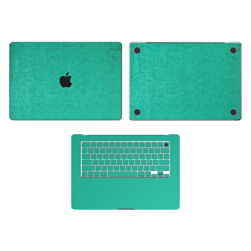 西湖苍兰 Hibiscus MacBook skin ACD coverage diagram. Shared material and installation illustration rendered on MacBook Air 15.3 M3-M5; actual cutouts follow the selected model. A lid, C inside and D bottom; no B screen edge. Device not included.
